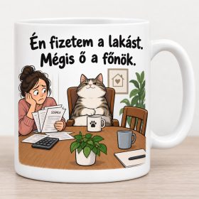   Én fizetem a lakást mégis ő a főnök bögre – névnapra macskásoknak